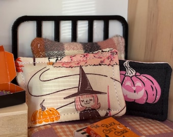 Set of 2 Dollhouse Witch and Pumpkin Pillows, 1:12 Scale Halloween Decor