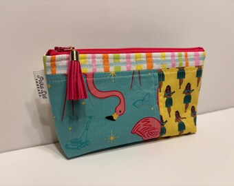 Tropical Patchwork Bag, Flamingo, Retro, Hula, pink, teal, quilted Cosmetic, Pouch, Toiletry, eclectic, Funky