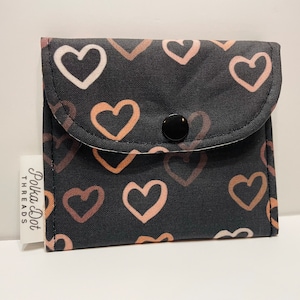 Hearts, Gift Card Bag, Black, Brown, Valentines, Mini Pouch, Snap Pouch, Coffee bag, coin pouch, lipstick Bag, change purse, coins, Pouch
