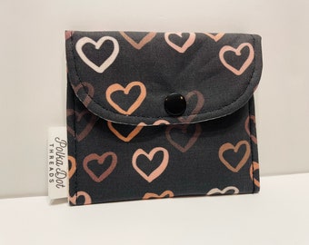 Hearts, Gift Card Bag, Black, Brown, Valentines, Mini Pouch, Snap Pouch, Coffee bag, coin pouch, lipstick Bag, change purse, coins, Pouch
