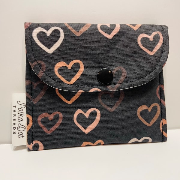 Hearts, Gift Card Bag, Black, Brown, Valentines, Mini Pouch, Snap Pouch, Coffee bag, coin pouch, lipstick Bag, change purse, coins, Pouch