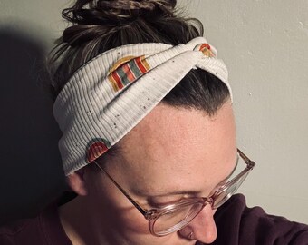 Ribbed Knit Rainbow Twist Headband, Boho Top Knot