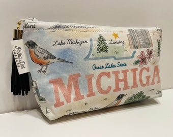 Michigan Makeup Bag, Pencil Bag, Zippered Pouch, Ripstop nylon bag, Michigan gift, Michigan makeup bag, Mitten Gift, Cherry blossom, Robin