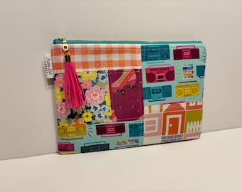 Patchwork Zippered Pouch, Retro Roller Skates, Boombox, Pink Plaid Flannel Bag