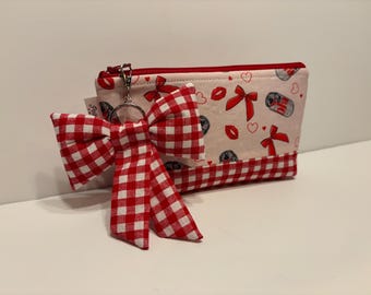 Diet Soda Patchwork Cosmetic Bag, Red Gingham Puffy Bow Charm Quilted Pouch