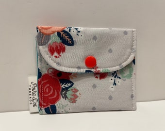 Coral Floral Gift Card Holder, Mini Pouch, Snap Pouch, Coffee bag, coin pouch, lipstick Bag, change purse, Envelope bag, gift card bag, Dots