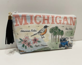 Michigan Makeup Bag, Pencil Bag, Zippered Pouch, Ripstop nylon bag, Michigan gift, Michigan makeup bag, Mitten Gift, Cherry blossom, Robin