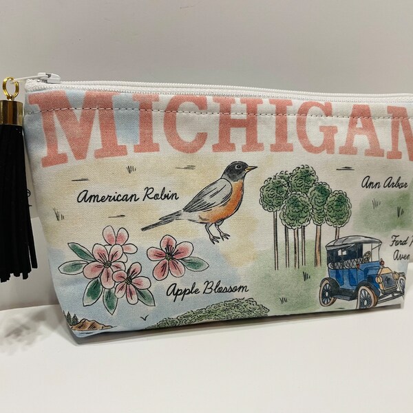 Michigan Makeup Bag, Pencil Bag, Zippered Pouch, Ripstop nylon bag, Michigan gift, Michigan makeup bag, Mitten Gift, Cherry blossom, Robin
