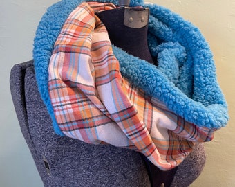 Orange Blue Sherpa Scarf, Blue Scarf, Sherpa Cowl, Flannel Infinity Scarf,  Sherpa Snood, Sherpa Scarf, Plaid scarf, Christmas Gift, plaid