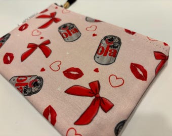 Diet Soda Purse Pouch, Pink with Red Bows and Lips, Zipper Cosmetic Bag
