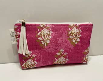 Pink Floral Makeup Bag, Pencil Bag, Zippered Pouch, Ripstop nylon bag, Moms gift, makeup bag, Gift, Damask, Gold, Pink, magenta