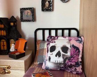 Dollhouse Skull Pillow, Gothic Floral Bats, 1:12 Scale Accessory