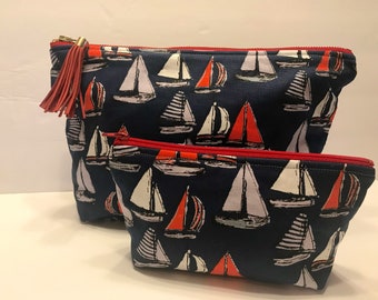 Sailboats Bag Set, Makeup Bag, Large Cosmetic Bag, Zippered Pouch, Ripstop nylon bag, Lake gift, outdoors, Summer, Ocean, Water, Boat