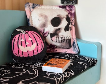 Set of 2 Dollhouse Skull and Pumpkin Pillows, Gothic Bats, 1:12 Scale Accessory