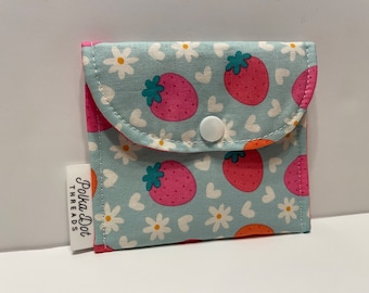 Strawberry Gift Card Holder, Mini Pouch, Snap Pouch, Coffee bag, coin pouch, lipstick Bag, change purse, coins, Envelope bag, hearts, Blue