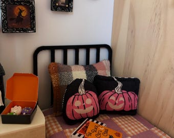 Set of 2 Dollhouse Halloween Pumpkin Pillows, 1:12 Scale Couch Accessory