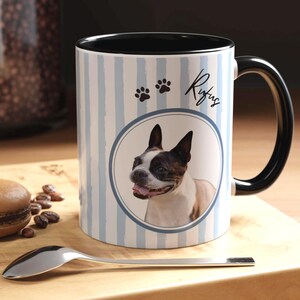 Tazza personalizzata con foto di cane, strisce blu, testo e foto personalizzabili, vari colori all'interno, tazza da caffè/tè in ceramica bianca da 325 ml (11 oz)