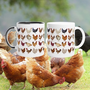 May include: Two white ceramic mugs featuring a repeating pattern of various chicken breeds in shades of brown, black, white, and grey. The mug on the left has a black handle and interior rim, while the mug on the right has a white handle and rim.