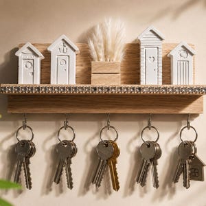 Peut inclure: Un porte-clés mural en bois clair doté de cinq crochets en métal argenté, chacun portant un trousseau de clés. L'étagère supérieure présente quatre petites décorations blanches en forme de maison et un bloc en bois avec des herbes séchées.