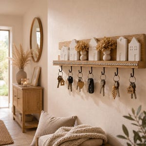 May include: A rectangular wooden wall-mounted key rack featuring a row of seven black metal hooks. The top shelf displays six white house-shaped ornaments and two small beige floral arrangements. A decorative silver beaded trim lines the shelf edge.