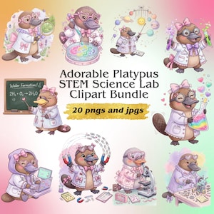 May include: A collection of adorable platypus illustrations in lab coats, bows, and glasses, engaged in science experiments. The text reads "Adorable Platypus STEM Science Lab Clipart Bundle" with "20 pngs and jpgs". The images feature science-related themes.