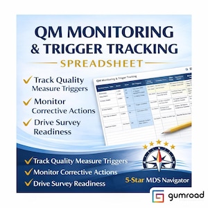 May include: An advertisement for spreadsheet software, displaying the text "QM Monitoring & Trigger Tracking." The image showcases features such as tracking quality measures, monitoring corrective actions, and driving survey readiness. A compass graphic and the Gumroad logo are also visible.