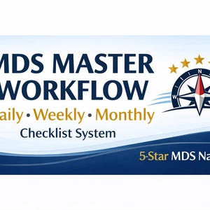 May include: A banner with the text "MDS MASTER WORKFLOW" in navy blue, with "Daily Weekly Monthly" in gold. A compass graphic is above the text, and the words "Checklist System" are below. The phrase "5-Star MDS Navigator" is at the bottom.