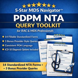 May include: A blue graphic promoting a "PDPM NTA QUERY TOOLKIT" for medical professionals. The image features a clipboard with forms, a stethoscope, and a syringe. It highlights 14 standardized forms and 3 bonus queries, with text in white and yellow.