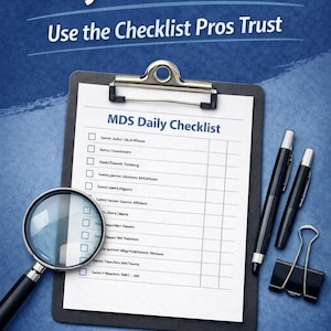 May include: A clipboard with a checklist titled "MDS Daily Checklist" is displayed, accompanied by two black pens, a magnifying glass, and a binder clip. The text "Stay Audit-Ready" and "Use the Checklist Pros Trust" are at the top.