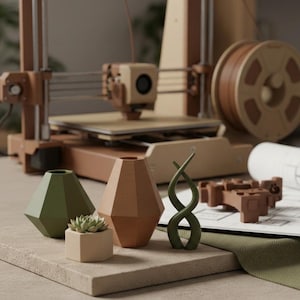 Könnte beinhalten: Ein 3D-Drucker mit einer Filamentrolle und verschiedenen geometrischen Objekten. Dazu gehören eine grüne Vase, eine braune Vase, ein kleiner Pflanztopf mit einer Sukkulente und eine grüne abstrakte Skulptur. Die Farbpalette ist neutral mit Braun- und Grüntönen.
