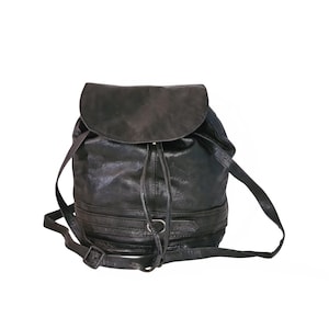 Vintage Black Leather Backpack - 90s Drawstring Bucket Rucksack - Soft Slouchy Boho Flap Daypack - Small Leather Backpack Purse