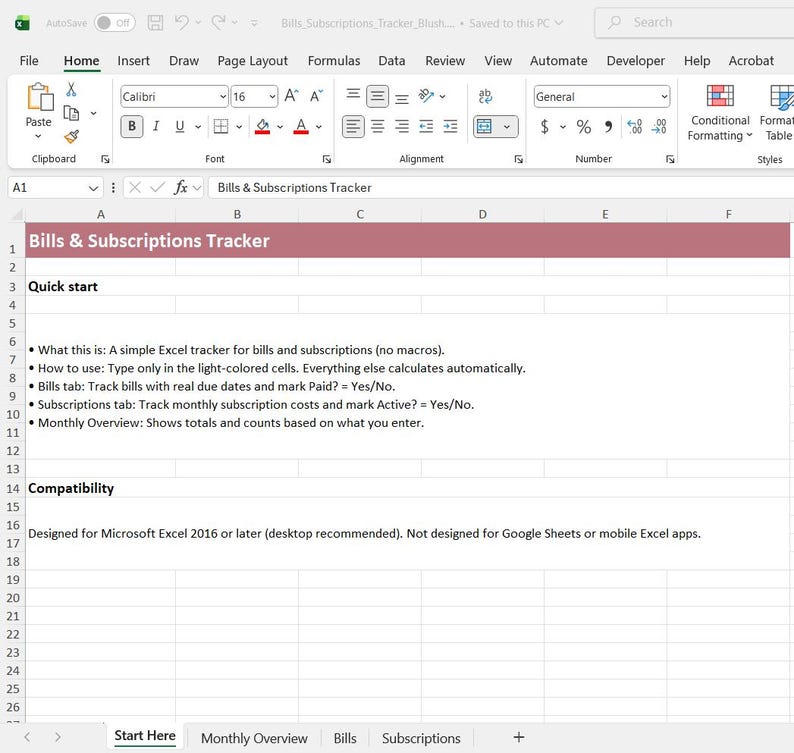 Bills & Subscriptions Tracker | Excel Spreadsheet | Monthly Bill ...