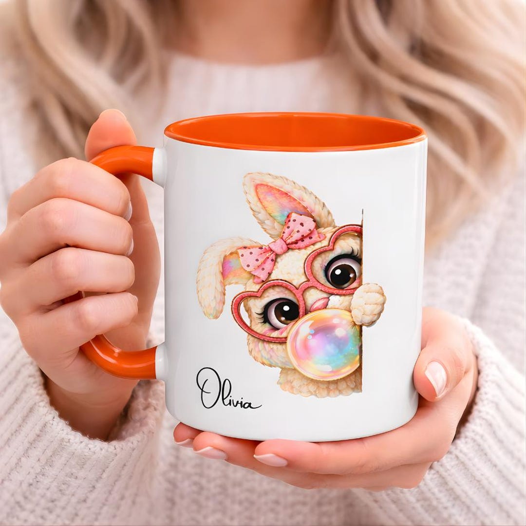 Pink Rabbit Cup Customizable Bunny Mug With Heart Glasses – Cute Rabbit Bubblegum ...