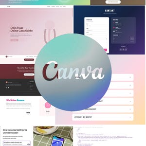 Könnte beinhalten: Eine Collage von Website-Designs mit deutschem Text. Die Designs umfassen einen Farbverlauf, ein Kontaktformular und ein Mobiltelefon, das ein Website-Design anzeigt. Das Canva-Logo ist deutlich sichtbar.