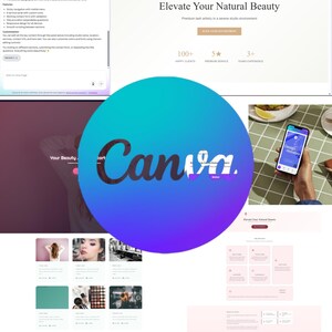 Könnte beinhalten: Webdesign für ein Wimpernstudio, mit sauberem Layout und dem Text "LUXE LASH STUDIO" und "Elevate Your Natural Beauty". Das Design beinhaltet ein Canva-Logo und ein Mobiltelefon, das eine Website anzeigt.
