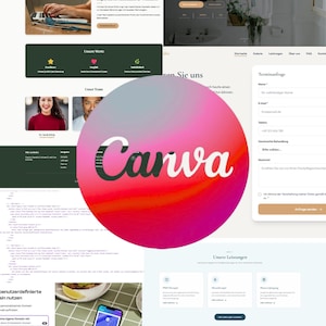 Op de afbeelding: Een website-ontwerp met verschillende secties, inclusief tekst en afbeeldingen. Het ontwerp bevat een contactformulier, een teamsectie met foto's en een presentatie van diensten. Een telefoon toont een website-ontwerp. Het Canva-logo is zichtbaar.