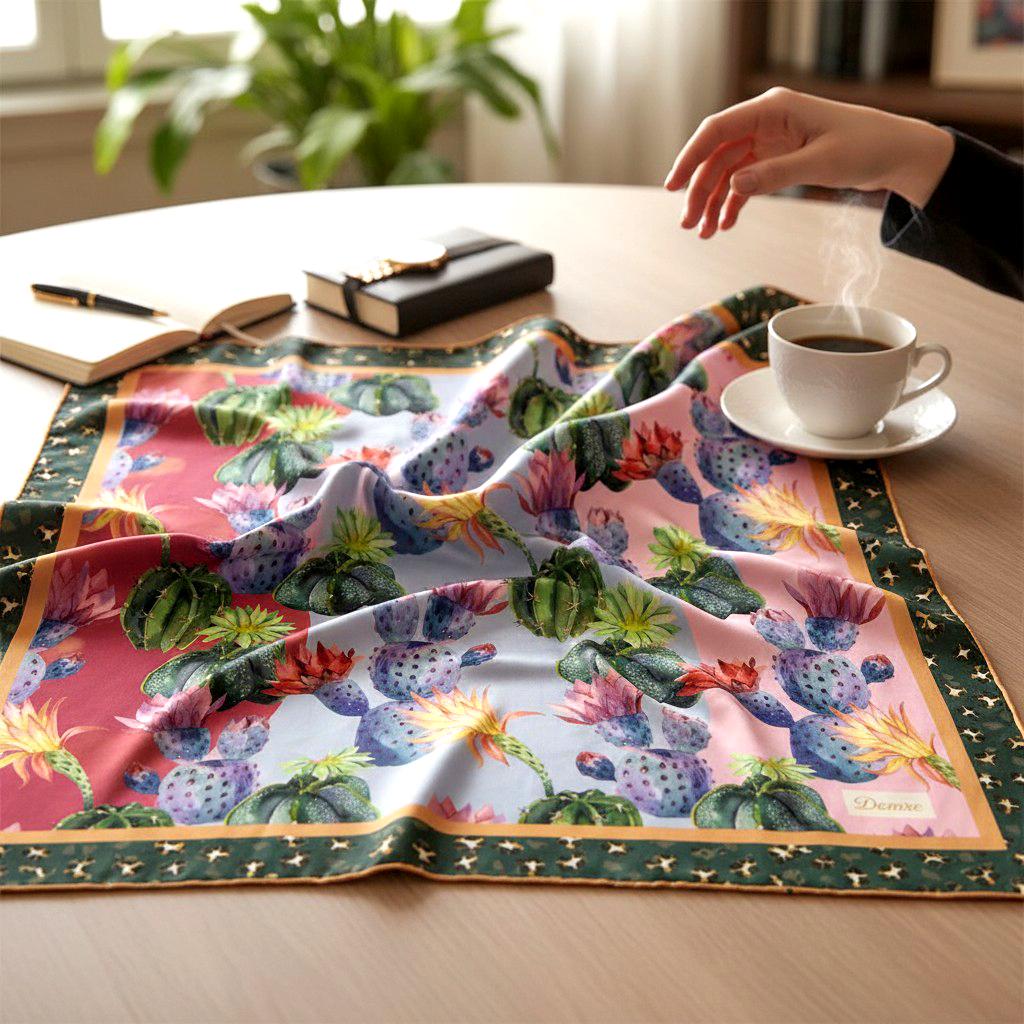 Silk Cotton Scarf, cactus design floral Bandana, Summer Babushka Style