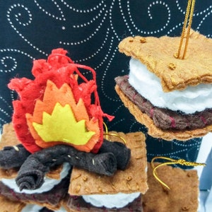 Mini Campfire, Mini S'mores Hand Stitch Holiday Ornaments | Eco-friendly fabric | Christmas Gift