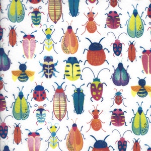 May include: A white background is covered with a colorful pattern of various insects. The insects are in shades of red, blue, yellow, orange, and pink. The insects include beetles, ants, and bees.