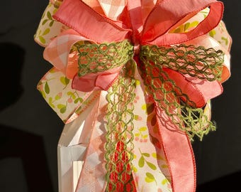 Coral Pink Gingham Floral Bow, Spring Summer Wreath Lantern Accent