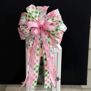Handmade Floral Ribbon Bow, Pink Green Check Spring Decoration