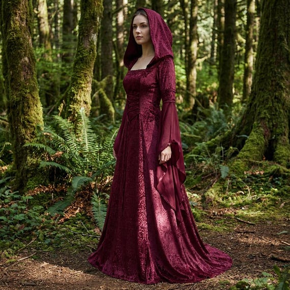 burgundy witch dress Medieval Witch Dress Elven Hooded Gown | Fantasy & Ren Faire Outfit
