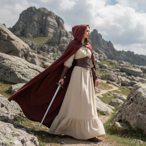 May include: A person in a burgundy hooded cloak and cream-coloured dress stands on a rocky hillside, holding a sword. The outfit includes a brown corset, leather gloves, and a long, flowing skirt. The background features a mountain range and a cloudy sky.
