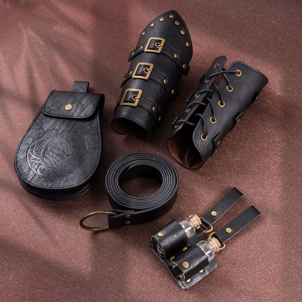 Medieval Accessories Set for Men – Faux Leather Belt, Bracers & Pouches | Ren Faire Outfit