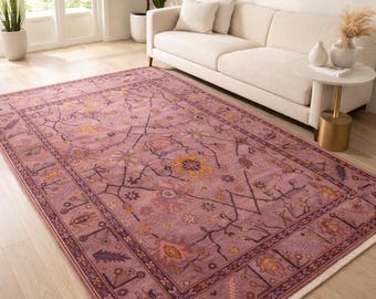 Hand Knotted Wool Rug, Vintage Persian Oushak Floral, Pink Burgundy