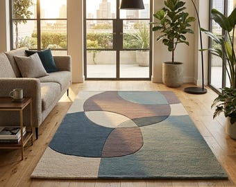 Abstract Wave Wool Rug | Modern Blue Cream Geometric Area Carpet