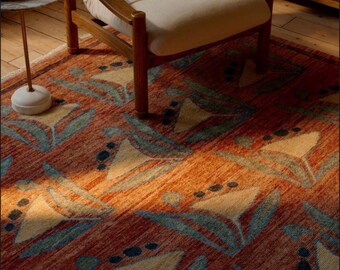 Hand Knotted Wool Rug, Oushak Floral Pattern, Rustic Orange Home Decor