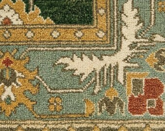 Hand-Knotted Oushak Wool Rug: Vintage Turkish Green Mix Carpet (Custom Size Available)