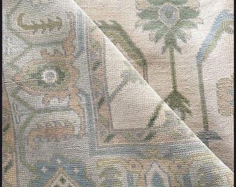 Handmade Beige Oushak rug ; Blue & Green Wool Turkish Rug