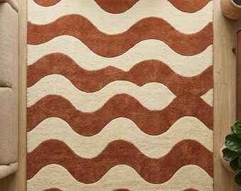Hand-Tufted Wavy Area Rug – Terracotta Cream Retro Wave Soft Carpet